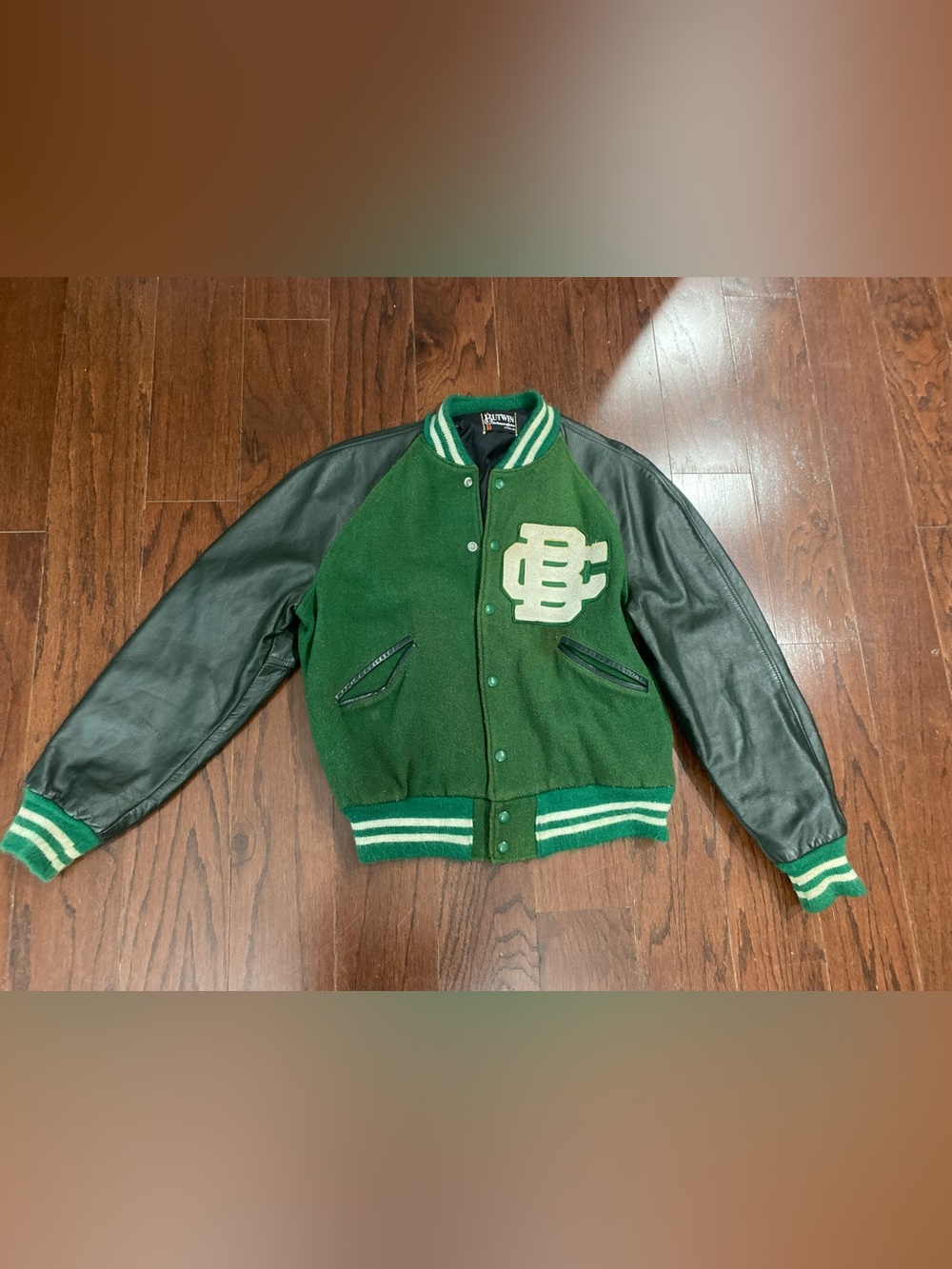 Vintage Butwin Varsity Jacket Mens Green White Wool Leather Bomber CB Patch